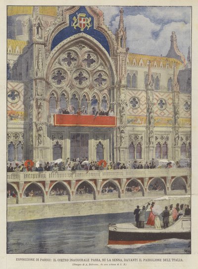 Pařížská expozice, zahajovací průvod prochází, na Seině, před italským pavilonem od Achille Beltrame