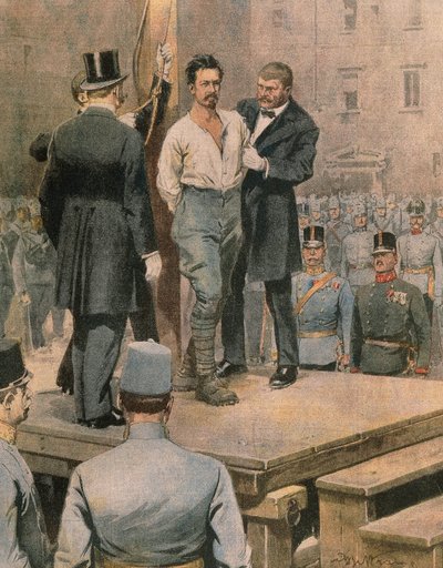 Poprava Cesare Battisti v Trentu, Achille Beltrame, ilustrace, Ilustrátor Achille Beltrame (1871-1945), z La Domenica del Corriere, červenec 1916 od Achille Beltrame