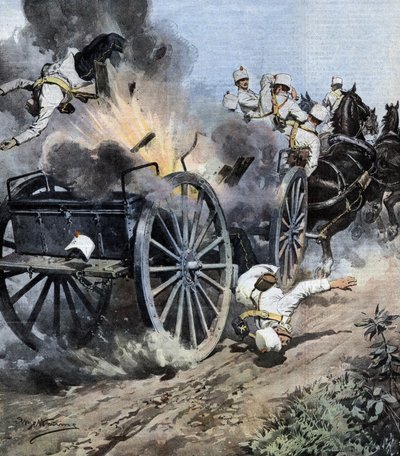 Exploze dělostřelecké bedny u Capannori v regionu Lucca během přesunu 7. pluku dělostřelectva italské armády. Ill. de Beltrame. La Domenica del Corriere. 08/1909. od Achille Beltrame