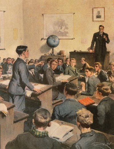 Boj proti negramotnosti, děti ve škole, Achille Beltrame, ilustrace, Ilustrátor Achille Beltrame (1871-1945), z La Domenica del Corriere od Achille Beltrame