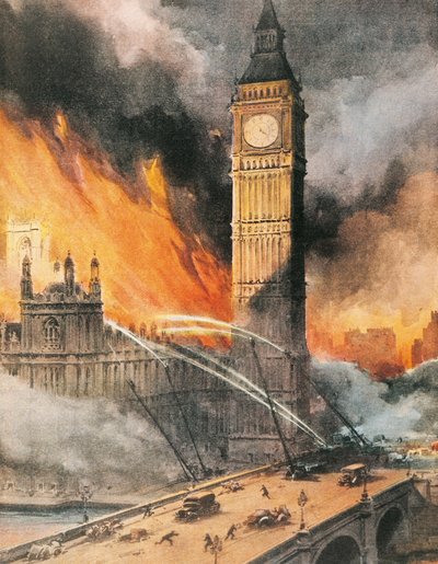 Požár ve Westminsterském paláci v Londýně po německém bombardování, ilustrace z „The Sunday Courier“ od Achille Beltrame