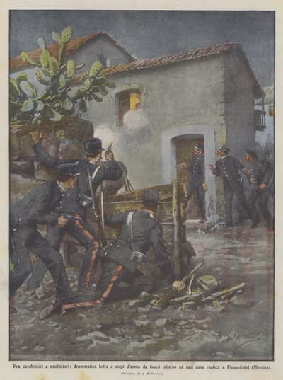 Mezi karabiniéry a zločinci, dramatický boj s výstřely kolem rustikálního domu? od Achille Beltrame