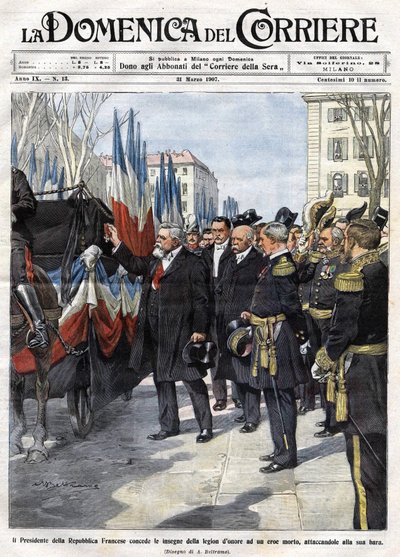 Francouzský prezident Armand Fallieres (1841 - 1931) předává medaili Čestné legie hrdinovi, který zemřel v bitvě. Ill. de Beltrame. La Domenica del Corriere. 31/03/1907. od Achille Beltrame