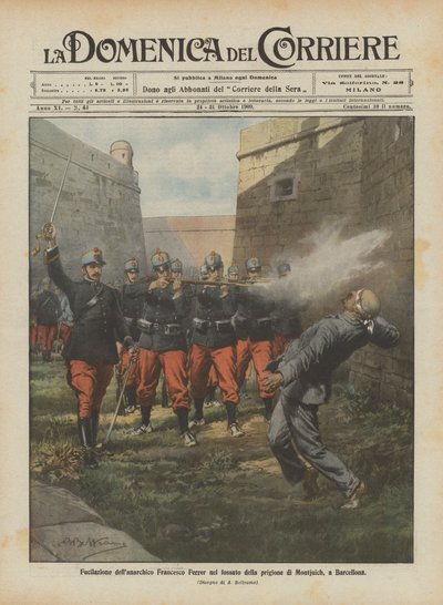 Střelba na anarchistu Francesca Ferrera v příkopu věznice Montjuich v Barceloně od Achille Beltrame