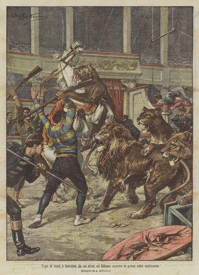 Útěk lvů a lvic z cirkusu v Oděse během zkoušky představení od Achille Beltrame