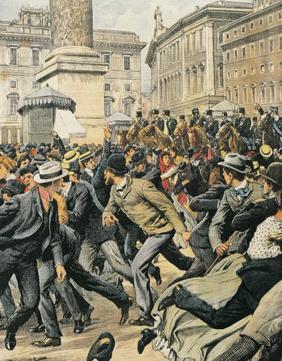 Stávka všeobecných dělníků v Římě, Achille Beltrame, ilustrace, Ilustrátor Achille Beltrame (1871-1945), z La Domenica del Corriere od Achille Beltrame