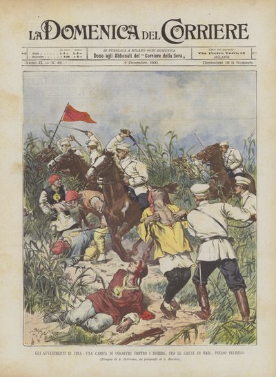 Události v Číně, útok kozáků proti boxerům, mezi kukuřičným rákosím, poblíž Pekingu od Achille Beltrame