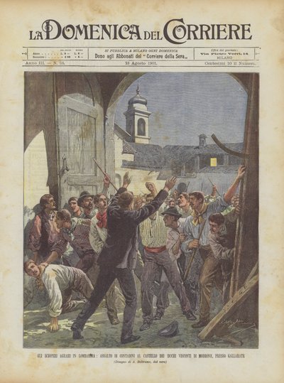 Agrární stávky v Lombardii, útok rolníků na hrad vévodů Visconti z Modrone, poblíž Gallarate od Achille Beltrame