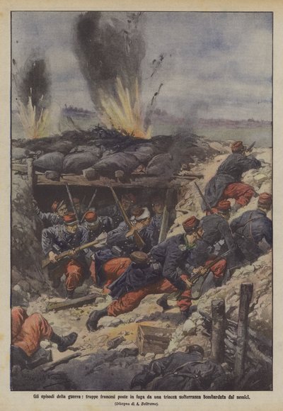 Epizody války, francouzské jednotky prchající z měkčího zákopu bombardovaného nepřáteli od Achille Beltrame