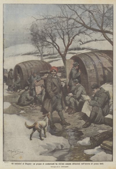 Diogenovi napodobitelé, skupina bojovníků, našla pohodlný domov ve velkých sudech. od Achille Beltrame