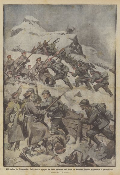 Italové v Makedonii, pravé křídlo dobývá silnou pozici Dente di Velusina dělá? od Achille Beltrame