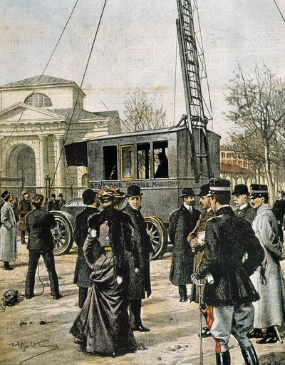 Guglielmo Marconi asistuje v Miláně u testu prvního Stazione Radio Mobile. Ilustrace Achille Beltrame pro „Domenica del Corriere““ (1906). Rytina. od Achille Beltrame