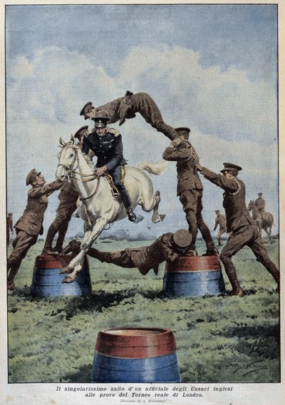 Horse Jumping: English Hussars at London Tournament Trials - kresba A. Beltrame, v „La Domenica del Corriere““ od Achille Beltrame