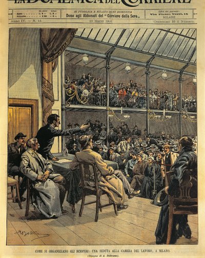 Jak organizovat stávky, zasedání komory práce v Miláně, ilustrace Achille Beltrame z La Domenica del Corriere, 23. března od Achille Beltrame