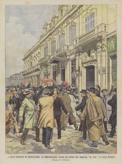 Vážné nepokoje v Buenos-Ayres, demonstrace proti kancelářím deníku El Pais, na Floridské ulici od Achille Beltrame
