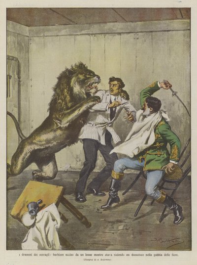 Dramata zvěřinců, holič zabitý lvem, když holil krotitele v kleci šelem od Achille Beltrame