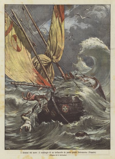 Dramata moře, ztroskotání rybářské lodi poblíž Sottomarina (Benátky) od Achille Beltrame