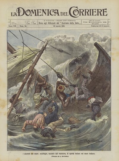 Dramata moře, ztroskotání, způsobené monzuny, italských dělníků v Indickém moři od Achille Beltrame