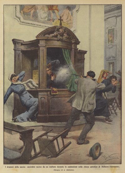 Dramata šílenství, kněze zabitého povýšenou při zpovědi v kostele? od Achille Beltrame