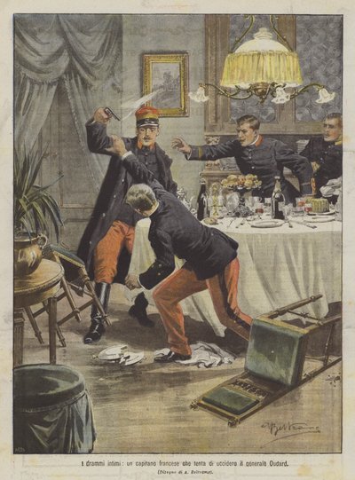 Intimní dramata, francouzský kapitán, který se snaží zabít generála Oudarda. od Achille Beltrame