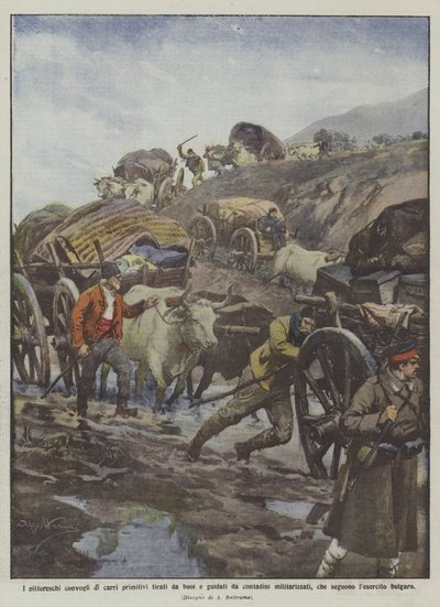 Malebné konvoje primitivních povozů tažených voly řízenými militarizovanými rolníky? od Achille Beltrame