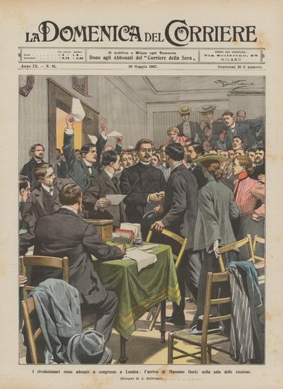 Ruští revolucionáři se sešli na kongresu v Londýně, příchod Massima Gorkého do zasedací místnosti od Achille Beltrame