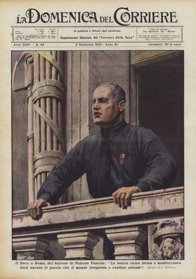 Duce, v Římě, z balkonu Palazzo Venezia, Naše latinská a středomořská rasa ještě dá ? od Achille Beltrame
