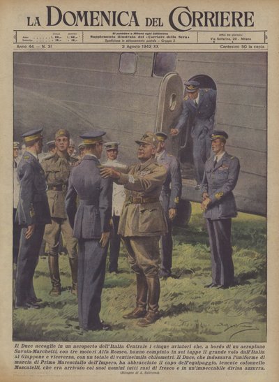 Duce vítá pět letců na palubě na letišti ve střední Itálii. od Achille Beltrame