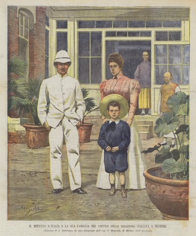 Ministr Itálie a jeho rodina na nádvoří italského vyslanectví v Pekingu od Achille Beltrame