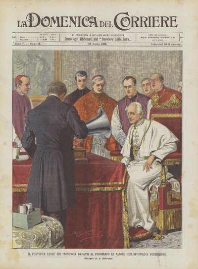 Papež Lev XIII. pronáší slova apoštolského požehnání před gramofonem. od Achille Beltrame
