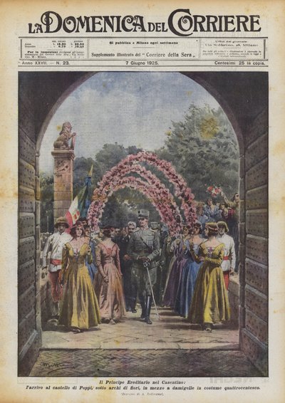 Korunní princ v Casentinu, příjezd na hrad Poppi pod květinovými oblouky ? od Achille Beltrame