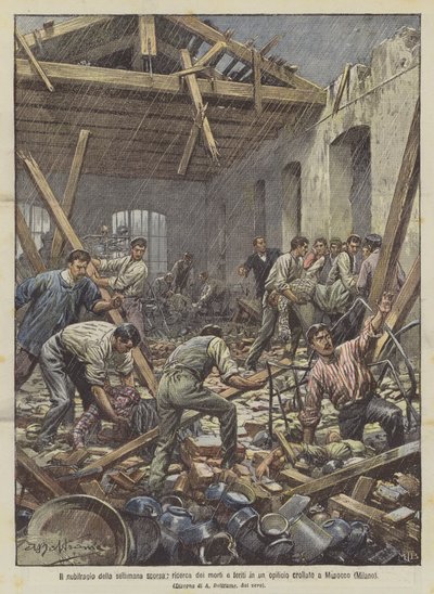 Bouře z minulého týdne, hledání mrtvých a zraněných v zřícené továrně v Musocco (Milán) od Achille Beltrame