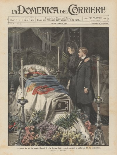 Nový král Portugalska Manuel II a královna matka Amelia před mrtvolou zavražděného krále od Achille Beltrame