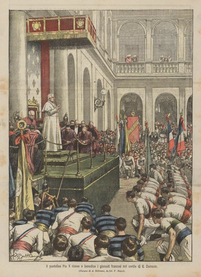 Papež Pius X. přijímá a žehná francouzským gymnastkám na nádvoří S Damaso od Achille Beltrame