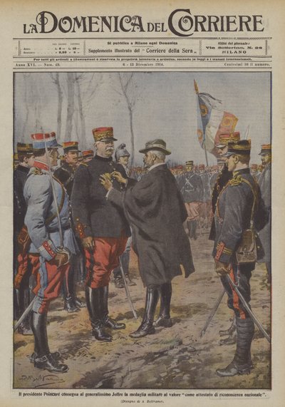 Prezident Poincare uděluje generalissimu Joffremu vojenskou medaili za statečnost. od Achille Beltrame