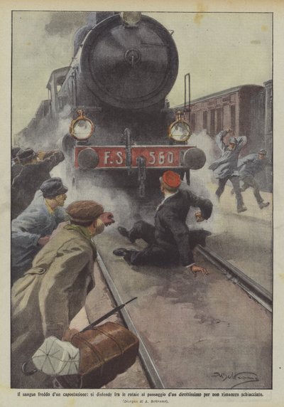 Chladnokrevně přednosta stanice se táhne mezi kolejemi při průjezdu velmi přímé trasy pro? od Achille Beltrame