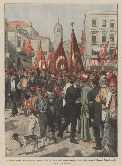 Sultán Abdul Hamid po 32 letech znovu potvrzuje ústavu, demonstrace radosti v? od Achille Beltrame