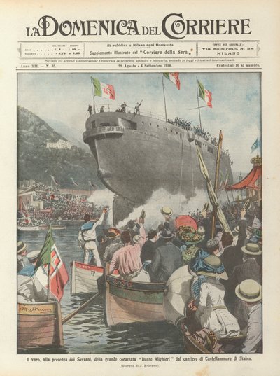 Start velké bitevní lodi Dante Alighieri z loděnice Castellammare di Stabia za přítomnosti Sovereignů od Achille Beltrame