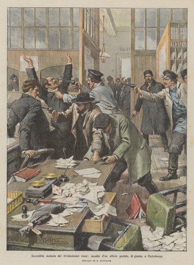 Neuvěřitelná drzost ruských revolucionářů, útok na poštu, během dne, v Petrohradě od Achille Beltrame