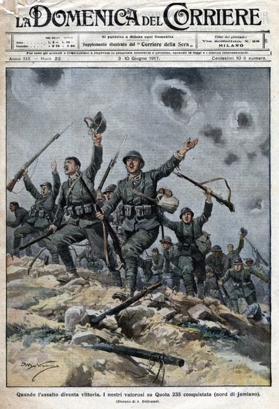 Italská armáda zvítězila nad rakousko-uherskými jednotkami v pohoří Kras ve Slovinsku. Italové tak postupovali směrem k Terstu. Ill. de Beltrame. La Domenica del Corriere. 06/1917. od Achille Beltrame
