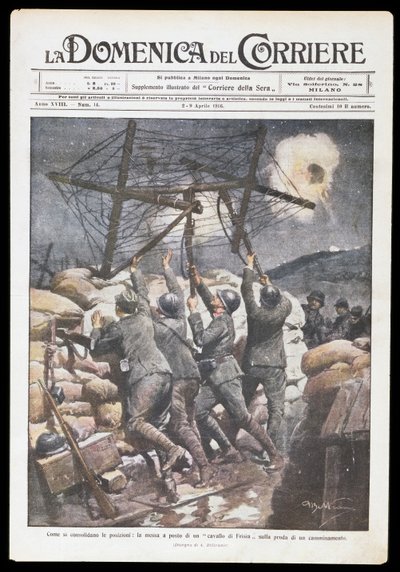 Italští vojáci nasazující fríského koně do zákopu, deska Achille Beltrame (1871-1945) pro Domenicu del Corriere, 2.-9. dubna 1916, první světová válka, Itálie, 20. století od Achille Beltrame