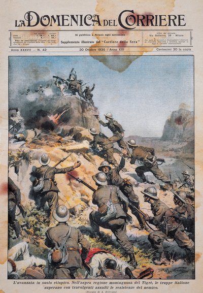 Italské jednotky postupující na etiopské půdě, ilustrace z La Domenica del Corriere, 20. října od Achille Beltrame