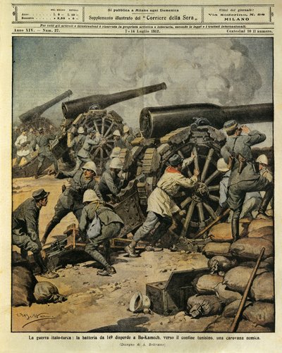 Italo-turecká válka, palba baterie z děla č. 149 směrující nepřátelskou karavanu u Bu-Kamek směrem k tuniským hranicím, ilustrátor Achille Beltrame (1871-1945), z La Domenica del Corriere, 7. července 1912 od Achille Beltrame