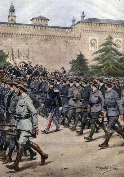Nové italské milice: dobrovolníci v civilu během vojenské přehlídky 11. listopadu v Miláně. Ill. de Beltrame. La Domenica del Corriere. 11/1914. od Achille Beltrame
