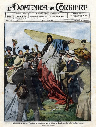 Jacques de Lesseps (1883-1927) po svém příjezdu do Kanady v roce 1910. Ilustrace Achille Beltrame pro „Domenica del Corriere“ z 24. července od Achille Beltrame
