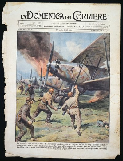 Japonské komando útok na čínské letiště Nanchang, deska Achille Beltrame (1871-1945) z novin La Domenica del Corriere, 31. července od Achille Beltrame