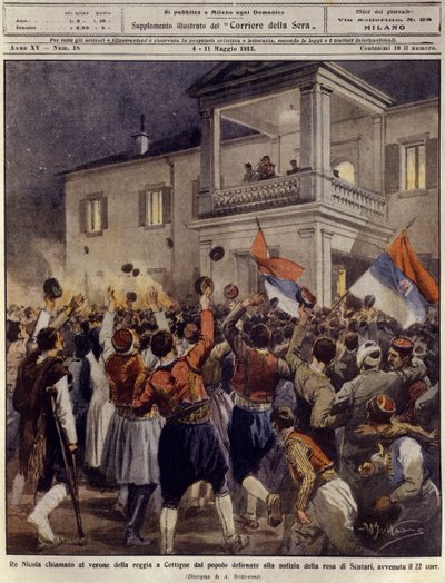 Král Mikuláš I. Černé Hory před davem v Cettigne po kapitulaci města Shkoder, 4. května od Achille Beltrame