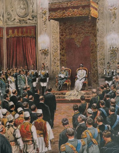 Italský král, Vittorio Emanuele III ze Savoy, byl korunován králem Albánců, Achille Beltrame, ilustrace, ilustrátor Achille Beltrame (1871-1945), z La Domenica del Corriere od Achille Beltrame