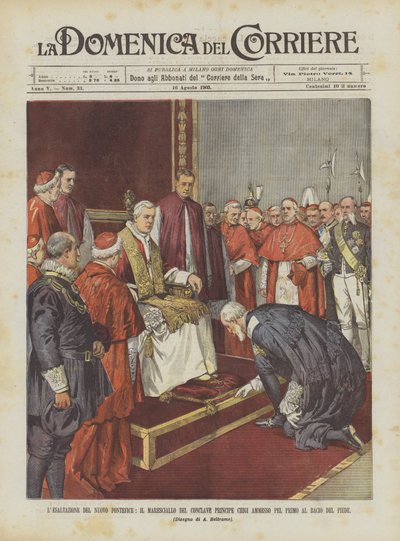 Povýšení nového pontifika, maršála konkláve, princ Chigi připuštěn k polibku nohou od Achille Beltrame