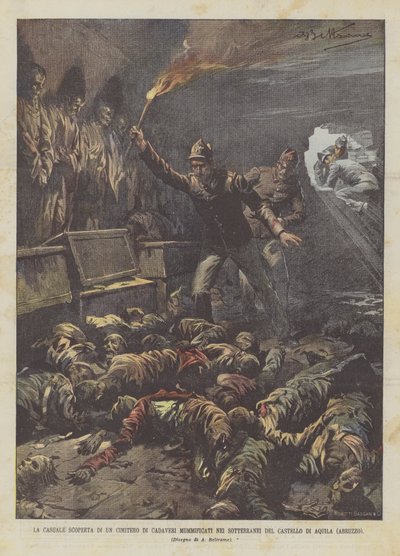 Náhodný objev hřbitova mumifikovaných mrtvol v podzemí hradu Aquila (Abruzzo) od Achille Beltrame